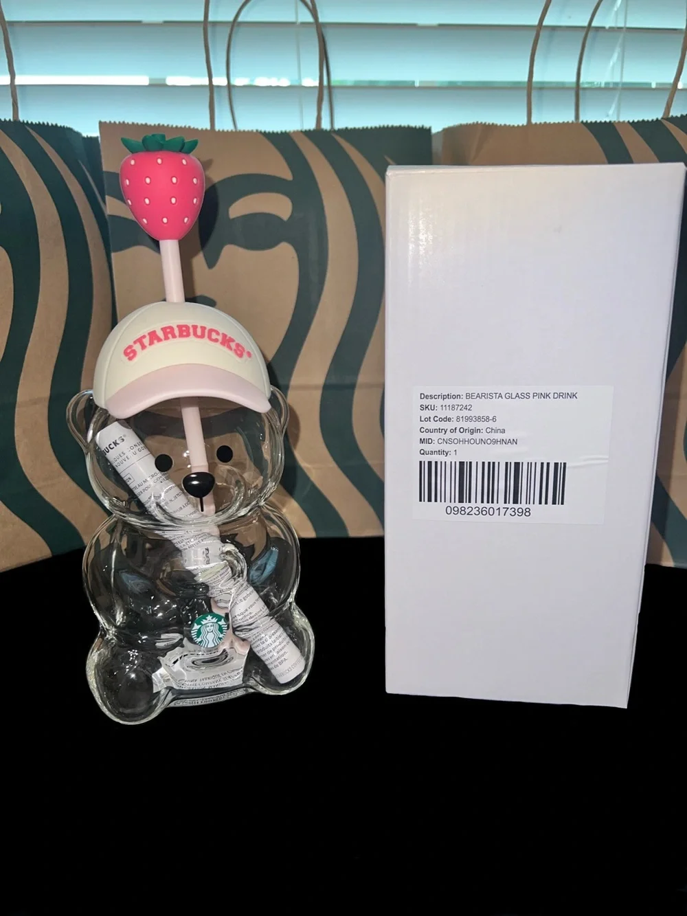 New! Starbucks Bearista Glass Tumbler + Pink Drink Strawberry Straw Topper
